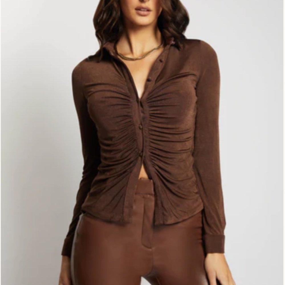 MESHKI Frances Collared Long Sleeve Shirt-Chocolate